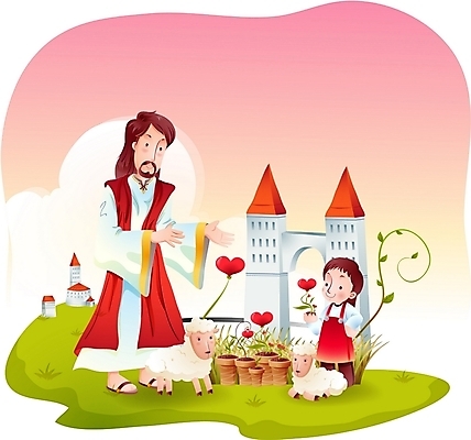 EPS 식물 여자 남자 꽃 기독교 종교 화분 어린이 줄기 잎 일러스트 사랑 사람 소녀 잔디 야외 두명 하트 양 예수 하나님 신 국내일러스트 모양 감정 포유류 신_종교 파일형식 벡터