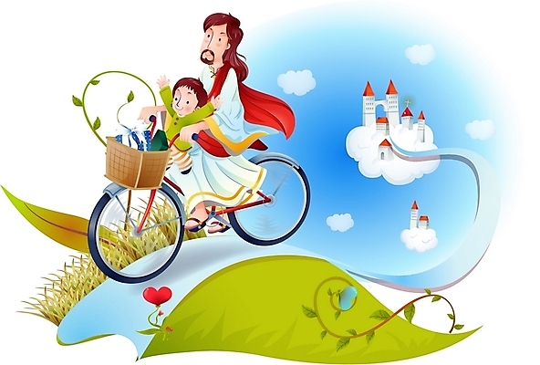 EPS 주간 구름 여자 남자 기독교 종교 길 어린이 줄기 잎 일러스트 하늘 사람 소녀 야외 두명 소풍 자전거 풀 예수 하나님 성 신 국내일러스트 자연요소 식물 건축물 야외활동 바이크 신_종교 파일형식 벡터