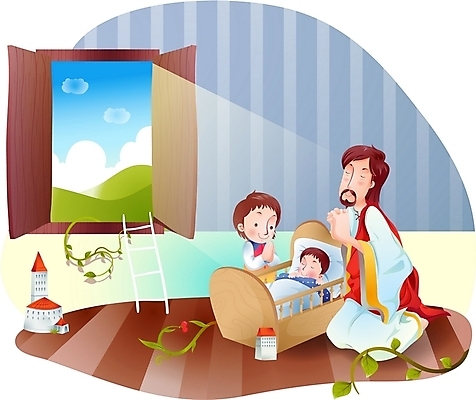 EPS 주간 여자 남자 기독교 종교 어린이 잎 일러스트 사다리 창문 실내 사람 소녀 세명 빛 방 기도 아기 예수 하나님 신 요람 국내일러스트 자연요소 식물 내부 도구 신_종교 파일형식 벡터