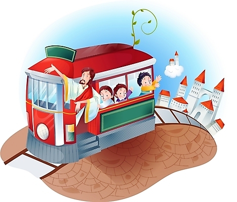 EPS 주간 여자 남자 기독교 종교 어린이 여행 다수 일러스트 사람 소녀 소년 여러명 야외 건물 기찻길 예수 하나님 신 전차 철도의날 국내일러스트 자연요소 건축물 육상교통 대중교통 신_종교 파일형식 벡터 법정기념일