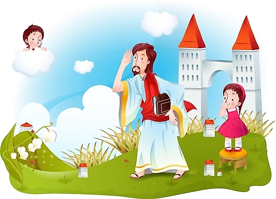 EPS 주간 구름 여자 남자 꽃 기독교 종교 어린이 의자 일러스트 하늘 사람 소녀 잔디 야외 건물 세명 성경 예수 하나님 성 신 은방울꽃 국내일러스트 자연요소 식물 건축물 가구 종교용품 신_종교 파일형식 벡터