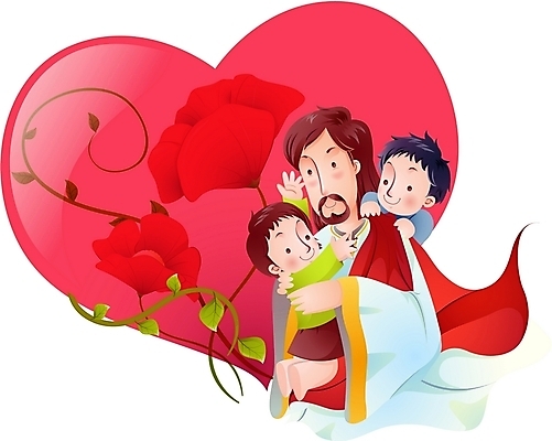 EPS 여자 남자 꽃 기독교 종교 어린이 일러스트 사랑 사람 소녀 소년 세명 하트 예수 하나님 신 국내일러스트 모양 식물 감정 신_종교 파일형식 벡터