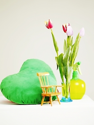 포토 JPG 스튜디오촬영 식물 꽃 여러송이 쿠션 의자 봄꽃 유리병 실내 사람없음 장식 세로 꽃병 튤립 하트쿠션 스프레이 분무기 미니의자 국내포토 가구 다수 병_용기 내부 봄 하트 파일형식