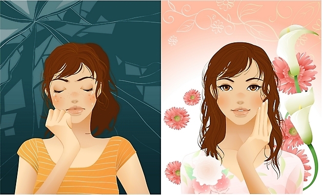 EPS 우먼라이프 여자 꽃백그라운드 일러스트 사람 두명 뷰티 거울 카라 데이지 여드름 깨짐 트러블 트러블케어 여자만 국내일러스트 라이프스타일 꽃 백그라운드 컨셉 피부관리 파일형식 벡터