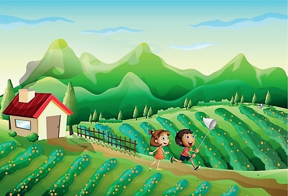 EPS 해외이미지 식물 여자 남자 행복 길 어린이 나비 밭 일러스트 거리 사람 소년 초록색 농작물 울타리 농장 잡기 그물 땅 언덕 그림 어린이만 해외202004 해외일러스트 감정 컬러 곤충 농업 모션 담장 파일형식 벡터