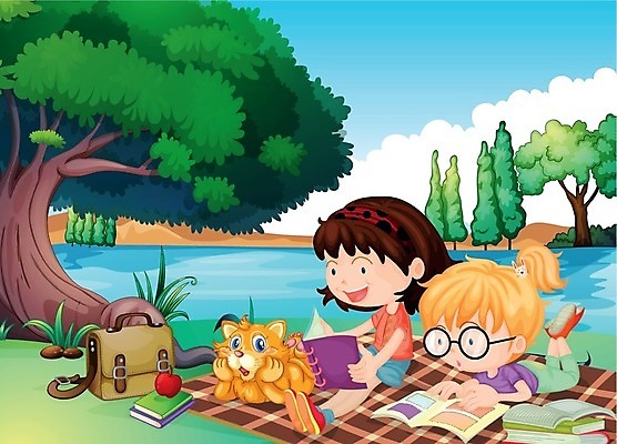 EPS 해외이미지 나무 식물 동물 여자 어린이교육 호수 어린이 일러스트 학교 자연 하늘 사람 잔디 책 물 강 독서 연못 사과 해외202004 해외일러스트 자연요소 교육 과일 생태계 파일형식 벡터