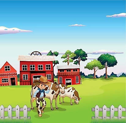 EPS 해외이미지 나무 식물 동물 구름 남자 잎 밭 채소 일러스트 자연 하늘 사람 소년 야외 파란색 농작물 울타리 농장 농경지 목장 흰색 소 농부 오두막 그림 외양간 밭일 소년한명만 해외202004 해외일러스트 자연요소 직업 어린이 컬러 농업 포유류 담장 생태계 남자한명만 소년만 파일형식 벡터