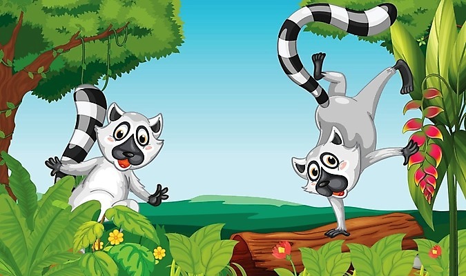 EPS 해외이미지 나무 식물 동물 꽃 분홍색 잎 일러스트 포유류 자연 놀이 하늘 열대 동물원 풍경 그래픽 초록색 파란색 갈색 노란색 환경 고양이 나뭇가지 숲 열대우림 만화 땅 그림 통나무 장면 포도나무 서식지 내추럴 여우원숭이 해외202004 해외일러스트 컬러 반려동물 원숭이 과일나무 생태계 파일형식 벡터