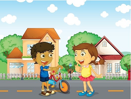 EPS 해외이미지 주간 나무 식물 구름 여자 남자 행복 도로 길 어린이 일러스트 하늘 거리 주택 대화 미소 사람 소년 야외 건물 목재 그래픽 초록색 파란색 울타리 컬러풀 마을 자전거 흰색 램프 그림 이웃 길가 콘크리트 해외202004 해외일러스트 자연요소 건축물 감정 컬러 재료 교통시설 조명 표정 말하기 담장 바이크 파일형식 벡터