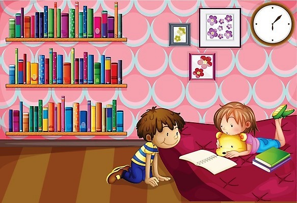 EPS 해외이미지 여자 어린이교육 남자 어린이 시계 백그라운드 일러스트 학교 베개 사람 소년 책 독서 침대 도서관 해외202004 해외일러스트 교육 가구 침구 파일형식 벡터