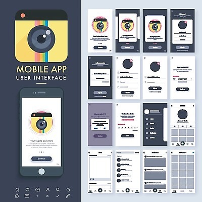 EPS 해외이미지 템플릿 일러스트 비즈니스 모바일 사람없음 스마트폰 스크린 정보 메시지 플랫 어플리케이션 미술관 알림 확인 메뉴 온라인 전자상거래 UI 구독 로그인 소프트웨어 웹디자인 인터페이스 터치스크린 목업 와이어프레임 해외202004 해외일러스트 핸드폰 스마트기기 파일형식 벡터