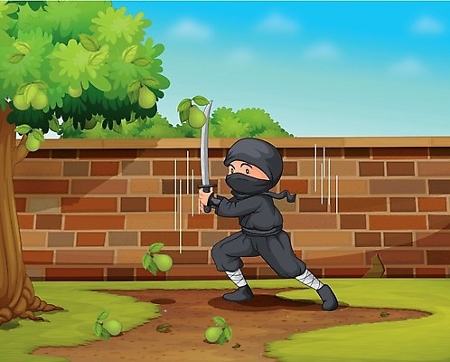 EPS 해외이미지 전통 문화 무기 과일 일러스트 벽돌 가면 미술 사람 동양인 야외 울타리 정원 일본 점프 검은색 칼 떨어짐 만화 자르기 싸움 대문 변장 닌자 뒤뜰 사무라이 숨기 해외202004 해외일러스트 아시아 컬러 컨셉 모션 문화예술 인종 담장 문 파일형식 벡터