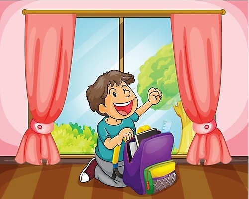 EPS 해외이미지 나무 식물 학생 어린이교육 교육 남자 어린이 분홍색 잎 가방 일러스트 창문 학교 갈색머리 사람 소년 책 공책 커튼 해외202004 해외일러스트 헤어스타일 잡화 컬러 문구용품 파일형식 벡터