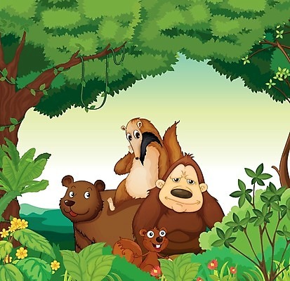 EPS 해외이미지 나무 식물 동물 구름 꽃 행복 잎 일러스트 곰 포유류 자연 하늘 산 풍경 야외 그래픽 빨간색 초록색 파란색 노란색 펼침 원숭이 숲 작음 만화 스케치 언덕 그림 다람쥐 장면 유인원 공터 고릴라 해외202004 해외일러스트 자연요소 감정 컬러 모션 미술 설치류 크기 생태계 파일형식 벡터