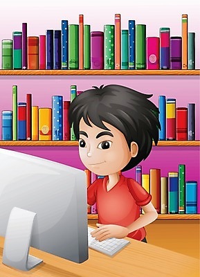 EPS 해외이미지 어린이교육 남자 어린이 일러스트 학교 사람 소년 10대 책 컴퓨터 독서 스크린 모니터 회색 도서관 하이테크 전자 과제 해외202004 해외일러스트 교육 컬러 청소년 기술 전자제품 파일형식 벡터