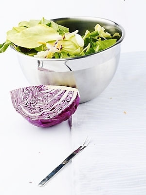 포토 JPG 스튜디오촬영 웰빙 음식 포크 채소 서양음식 실내 사람없음 장식 샐러드 양배추 적채 웰빙음식 스탠그릇 믹싱볼 국내포토 그릇 식기 내부 건강식 파일형식