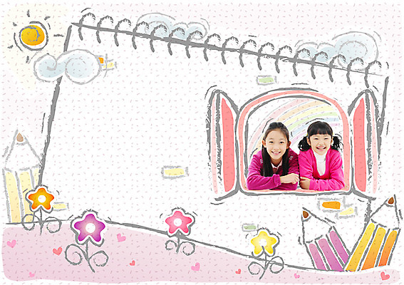 PSD 구름 편집이미지 여자 어린이교육 교육 꽃 초등학생 어린이 백그라운드 무지개 창문 상상 미소 웃음 사람 풍경 두명 친구 태양 연필 봄 디지털합성 연습장 여자만 어린이만 소녀만 이미지편집 자연요소 식물 학생 계절 관계 학용품 표정 필기구 공책 파일형식
