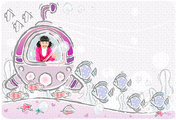 PSD 편집이미지 여자 어린이교육 교육 초등학생 어린이 상상 조개 불가사리 어류 한명 사람 소녀 해저 잠수함 디지털합성 여자만 여자한명만 어린이만 소녀만 소녀한명만 이미지편집 1 학생 어패류 극피동물 바닷속 수중동물 파일형식