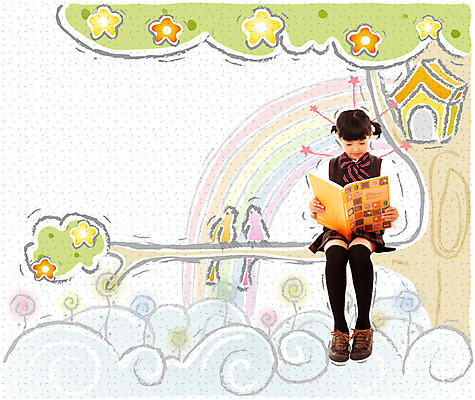 PSD 나무 구름 편집이미지 여자 어린이교육 교육 꽃 초등학생 어린이 무지개 상상 조류 한명 사람 소녀 책 독서 나뭇가지 디지털합성 여자만 여자한명만 어린이만 소녀만 소녀한명만 이미지편집 자연요소 식물 동물 1 학생 파일형식