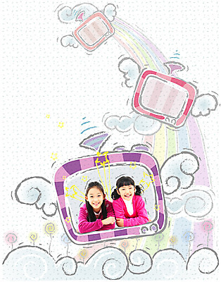 PSD 구름 편집이미지 여자 어린이교육 교육 꽃 초등학생 어린이 무지개 날개 상상 사람 소녀 두명 텔레비전 디지털합성 여자만 어린이만 소녀만 이미지편집 자연요소 식물 학생 전자제품 파일형식