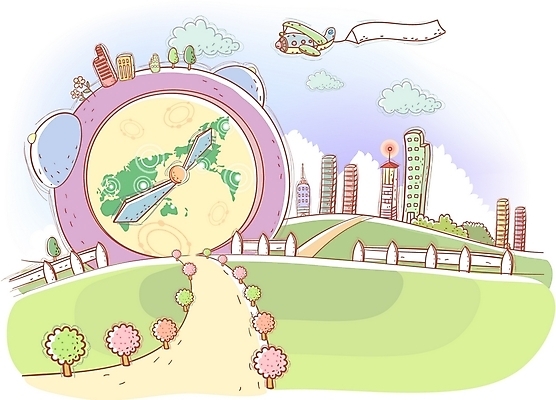 EPS 주간 길 시계 생활용품 백그라운드 일러스트 비즈니스 상상 비행기 빌딩 초원 사람없음 야외 건물 울타리 자명종 도시 시간 국내일러스트 자연요소 건축물 항공교통 대중교통 담장 알람 오브젝트 파일형식 벡터