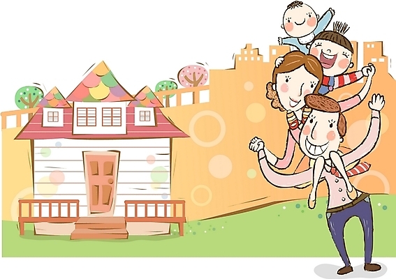 EPS 주간 여자 남자 행복 어린이 일러스트 가정 가족 주택 사랑 사람 소년 여러명 야외 화목 봄 아기 목말 핵가족 즐거움 국내일러스트 자연요소 계절 감정 다수 컨셉 관계 모션 건물 파일형식 벡터
