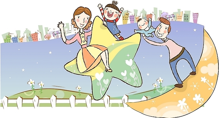 EPS 여자 남자 꽃 행복 별 어린이 일러스트 가정 가족 상상 사랑 사람 소년 여러명 야외 건물 울타리 화목 봄 달 아기 야간 초승달 핵가족 즐거움 국내일러스트 자연요소 식물 건축물 계절 감정 다수 컨셉 관계 담장 파일형식 벡터