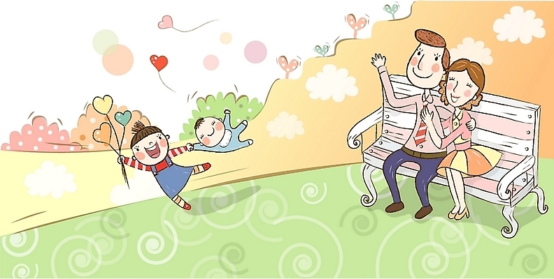 EPS 주간 공원 공공시설 여자 남자 행복 어린이 벤치 일러스트 가정 가족 사랑 사람 소년 여러명 야외 화목 봄 아기 핵가족 즐거움 하트꽃 국내일러스트 자연요소 계절 꽃 감정 다수 컨셉 의자 관계 시설 파일형식 벡터