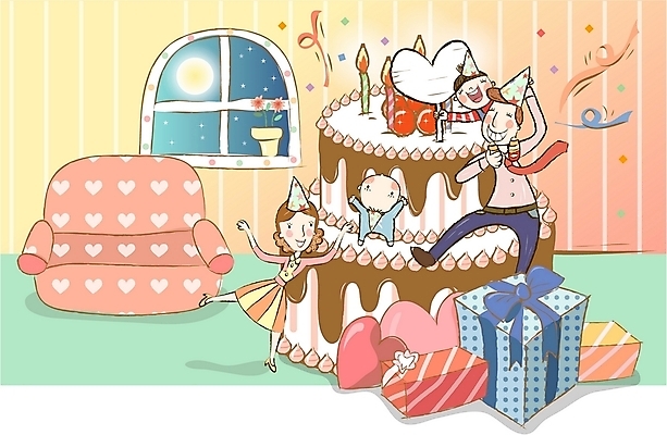 여자 남자 행복 일러스트 가족 선물 사람 파티 케이크 화목 봄 핵가족 즐거움 국내일러스트 계절 감정 컨셉 관계 디저트 이벤트