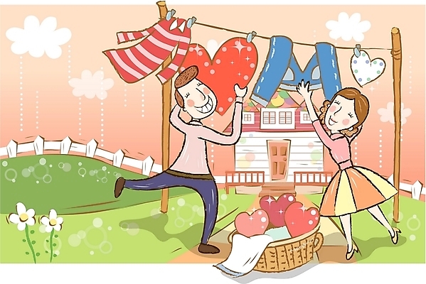 EPS 주간 구름 부부 커플 옷 여자 남자 꽃 행복 가사 일러스트 가정 남편 협력 주택 사랑 사람 야외 두명 건물 울타리 화목 봄 하트 아내 도움 빨래 즐거움 동행 빨래널기 국내일러스트 자연요소 모양 식물 건축물 계절 감정 컨셉 관계 담장 파일형식 벡터