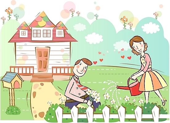 EPS 주간 구름 부부 커플 여자 남자 꽃 행복 화초 일러스트 가정 남편 주택 사랑 사람 야외 두명 건물 울타리 정원 화목 봄 물뿌리개 아내 즐거움 정원가꾸기 동행 국내일러스트 자연요소 식물 건축물 계절 감정 컨셉 관계 담장 원예 파일형식 벡터