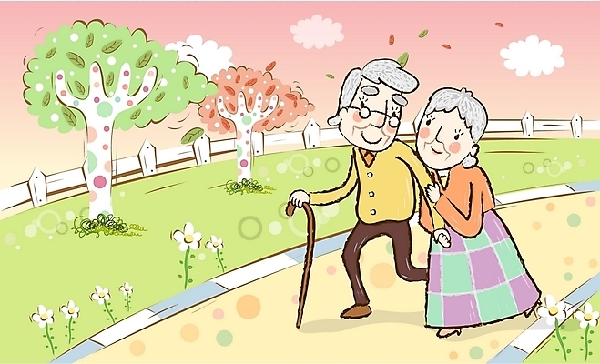 EPS 주간 나무 부부 커플 공원 공공시설 여자 노년 남자 행복 길 일러스트 가정 남편 사랑 사람 야외 두명 노부부 화목 봄 산책 산책로 아내 실버 즐거움 동행 노인만 성인만 국내일러스트 자연요소 식물 계절 감정 컨셉 관계 휴식 성인 시설 파일형식 벡터