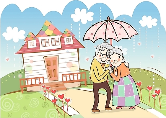 EPS 주간 부부 커플 여자 노년 남자 행복 일러스트 우산 가정 남편 주택 사랑 사람 야외 두명 건물 노부부 화목 봄 아내 비 실버 즐거움 동행 하트꽃 노인만 성인만 국내일러스트 자연요소 건축물 계절 꽃 감정 컨셉 관계 날씨 성인 파일형식 벡터