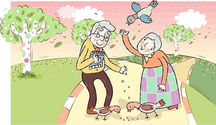 EPS 주간 나무 부부 커플 공원 공공시설 여자 노년 남자 행복 길 일러스트 가정 남편 사랑 사람 야외 두명 노부부 화목 봄 산책 아내 실버 모이 즐거움 비둘기 동행 노인만 성인만 국내일러스트 자연요소 식물 계절 감정 컨셉 관계 조류 휴식 성인 먹이 시설 파일형식 벡터