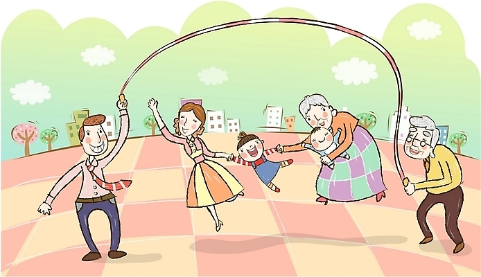 EPS 주간 여자 노년 남자 행복 어린이 일러스트 가정 가족 대가족 사랑 사람 여러명 야외 운동 화목 봄 아기 즐거움 줄넘기 국내일러스트 자연요소 계절 감정 다수 컨셉 관계 건강 성인 파일형식 벡터