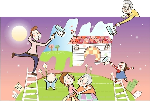 EPS 여자 노년 남자 행복 어린이 일러스트 사다리 가정 가족 주택 사랑 사람 여러명 야외 화목 봄 아기 색칠 칠 페인트칠 즐거움 국내일러스트 계절 감정 다수 컨셉 관계 페인팅 성인 건물 도구 파일형식 벡터