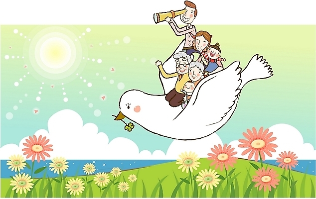 EPS 주간 구름 여자 노년 남자 행복 어린이 바다 일러스트 가정 가족 대가족 사랑 사람 소년 여러명 야외 태양 화목 봄 들꽃 아기 네잎클로버 즐거움 비둘기 국내일러스트 자연요소 식물 계절 꽃 감정 다수 컨셉 관계 조류 성인 클로버 파일형식 벡터