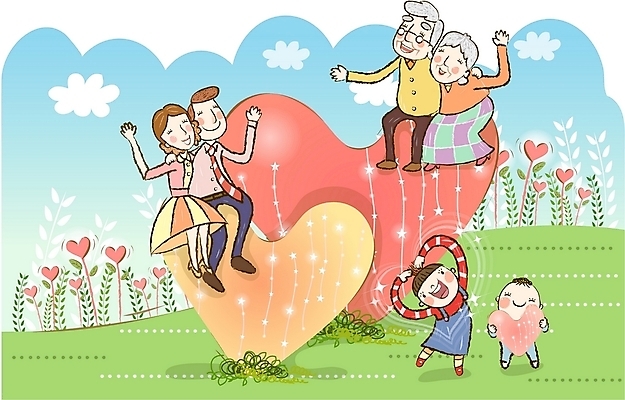 EPS 주간 구름 여자 노년 남자 행복 어린이 꽃밭 일러스트 가정 가족 대가족 사랑 사람 소년 여러명 야외 화목 봄 하트 아기 즐거움 국내일러스트 자연요소 모양 계절 꽃 감정 다수 컨셉 관계 성인 파일형식 벡터