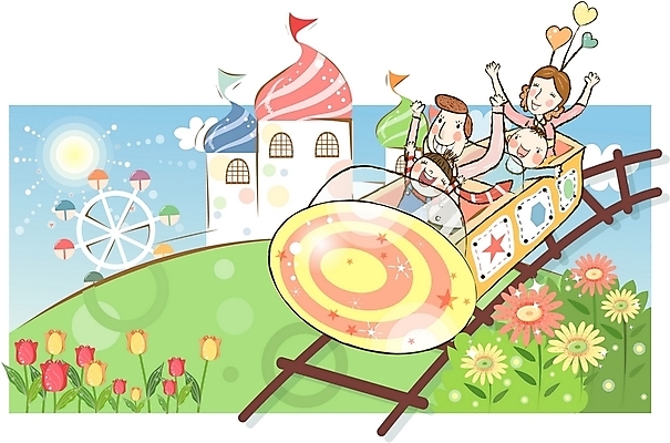 EPS 여자 남자 꽃 행복 어린이 일러스트 가정 가족 사랑 사람 소년 여러명 야외 화목 봄 기쁨 놀이공원 튤립 아기 놀이기구 핵가족 즐거움 롤러코스터 상업시설 국내일러스트 식물 계절 감정 다수 컨셉 관계 테마파크 시설 상업 파일형식 벡터