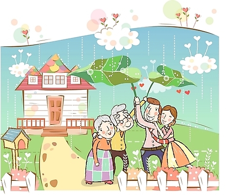 EPS 주간 구름 여자 노년 남자 행복 어린이 일러스트 가정 가족 주택 사랑 사람 소년 여러명 야외 울타리 부모 정원 화목 봄 아기 비 즐거움 부양 국내일러스트 자연요소 계절 감정 다수 컨셉 관계 날씨 성인 건물 담장 파일형식 벡터