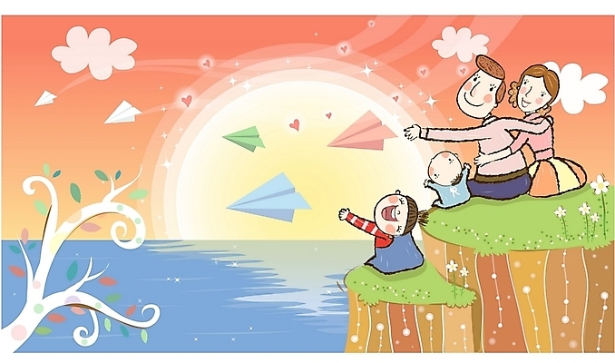 EPS 주간 여자 남자 행복 어린이 바다 일러스트 가정 가족 사랑 사람 풍경 여러명 야외 태양 일출 희망 화목 일몰 봄 아기 종이비행기 핵가족 즐거움 국내일러스트 자연요소 계절 감정 다수 컨셉 관계 노을 종이접기 파일형식 벡터