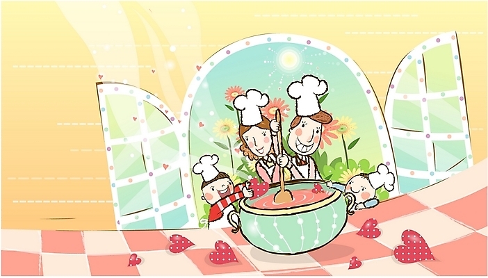 EPS 주간 식기 계절 여자 남자 꽃 행복 어린이 가사 일러스트 창문 가정 가족 주택 실내 사랑 요리 사람 소년 여러명 주방 화목 봄 하트 아기 즐거움 요리중 국내일러스트 자연요소 모양 식물 감정 다수 컨셉 관계 모션 내부 건물 파일형식 벡터