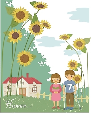 EPS 주간 여자 남자 꽃 일러스트 해바라기 주택 남매 사람 소년 야외 두명 친구 새싹 장애인 사회이슈 사회복지 목발 장애인의날 국내일러스트 자연요소 식물 어린이 컨셉 가족 관계 의료기기 건물 복지 장애 파일형식 벡터 법정기념일