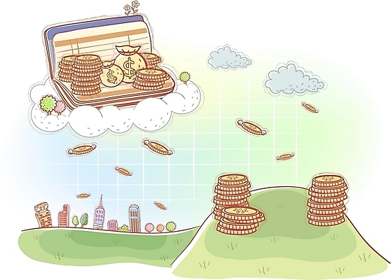 EPS 주간 구름 산업 백그라운드 돈 날개 일러스트 비즈니스 상상 빌딩 초원 사람없음 야외 건물 금융 경제 동전 도시 돈자루 오브젝트 통장 금융업 국내일러스트 자연요소 건축물 재산 파일형식 벡터
