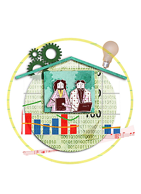 PSD 여자 남자 일러스트 비즈니스 전구 상상 지붕 그래프 사람 20대 두명 30대 노트북 업무 비즈니스맨 비즈니스우먼 작업실 톱니바퀴 문서 콜라주 성인만 국내일러스트 청년 장년 전자제품 작업 직장인 파일형식