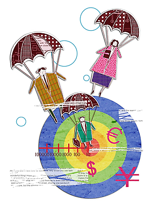 PSD 여자 남자 일러스트 비즈니스 상상 사람 세명 달러 유로 비즈니스맨 비즈니스우먼 화폐기호 엔 다트판 낙하산 콜라주 국내일러스트 기호 돈 직장인 다트 화폐 파일형식