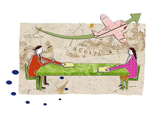 PSD 여자 남자 화살표 일러스트 비즈니스 모션 상상 탁자 회의 비행기 협상 사람 두명 비즈니스맨 비즈니스우먼 책상 계약 무역 문서 콜라주 국내일러스트 산업 가구 항공교통 대중교통 직장인 파일형식