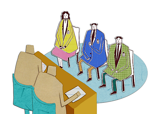 PSD 여자 남자 일러스트 비즈니스 상상 탁자 사람 여러명 책상 면접 콜라주 면접관 국내일러스트 가구 다수 파일형식