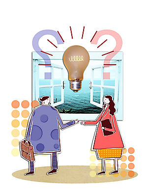 PSD 여자 남자 서류가방 일러스트 비즈니스 전구 창문 상상 아이디어 사람 두명 물음표 비즈니스맨 비즈니스우먼 콜라주 해결 문제해결 솔루션 국내일러스트 기호 컨셉 가방 직장인 파일형식