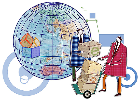 PSD 남자 지구 인터넷 일러스트 비즈니스 상상 사람 두명 상자 세계 지구본 카트 비즈니스맨 우편물 배송 무역 콜라주 남자만 국내일러스트 산업 직장인 파일형식